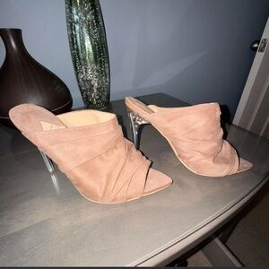 Elegant Tan Mules with Silver Heels